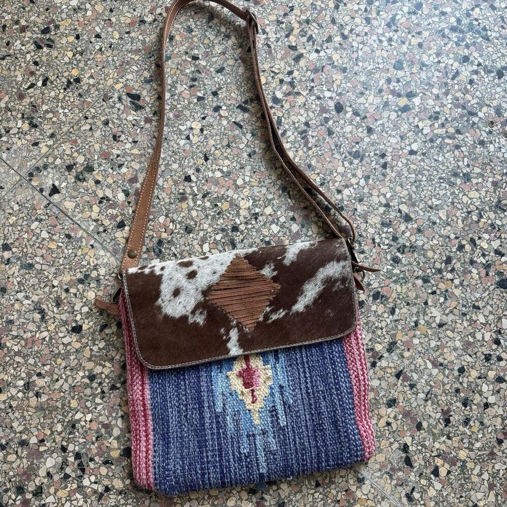 Western Crossbody Bag Womens Flap Top Genuine Cowhide Leather Pink Brown Boho